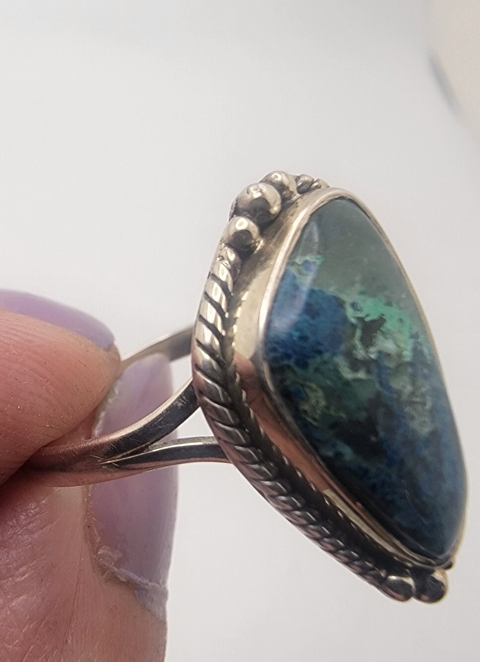 Size 7 Sterling Silver Azurite-Malachite Teardrop Ring - Green Blue - Picture 6 of 7